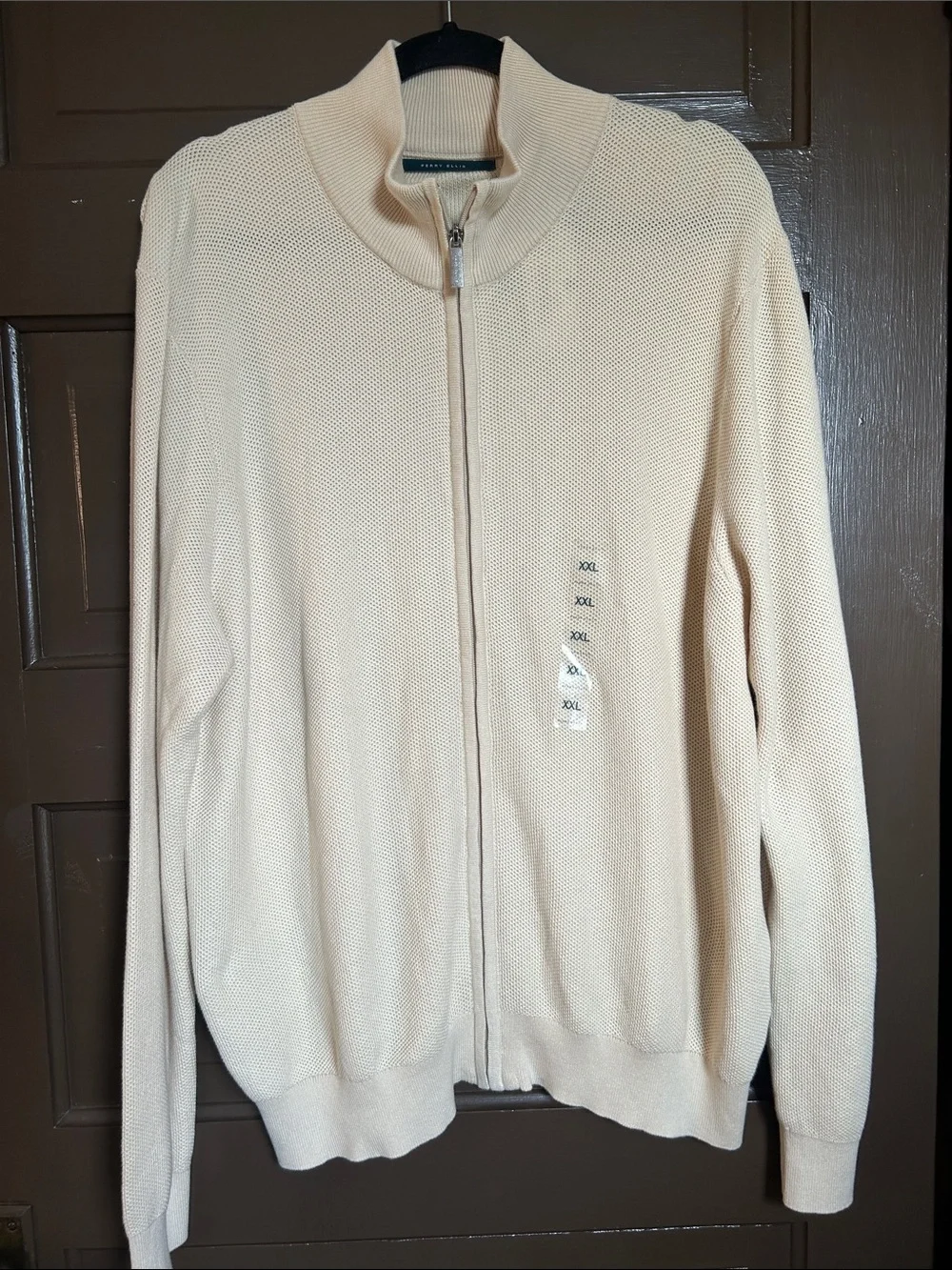 Perry Ellis Men's Beige Full-Zip Knit Sweater; 100% cotton; XXL